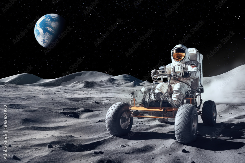 Wall mural astronaut driving a space rover on the moon's surface, illustrating space exploration and science fi