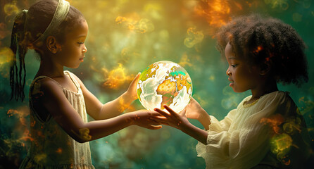 children holding earth planet - obrazy, fototapety, plakaty