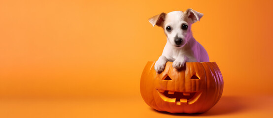 A cute puppy dog inside a halloween pumpkin