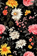 Behang Perfect seamless tiled floral wallpaper texture. Vintage flower design pattern on black © patrick