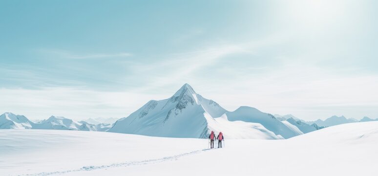 two people on snowy mountain top after an adventure hike. mountain and freedom concept