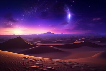 A beautiful desert landscape with sand dunes and a stunning purple gradient starry sky. Generative AI - obrazy, fototapety, plakaty