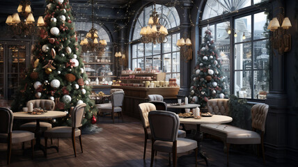 Cozy holiday ambiance with a beautifully decorated Christmas tree beside red velvet chairs in an elegant restaurant, bathed in warm golden light.