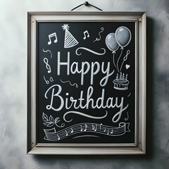 Happy Birthday Image: Chalkboard Art with Balloons, Cake, and Festive Elements