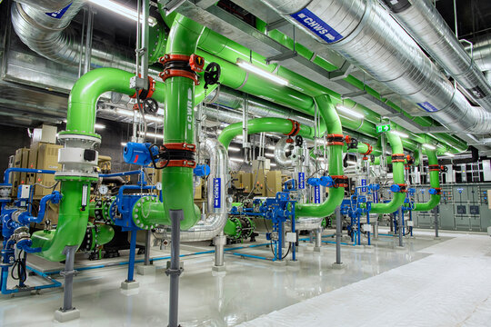 Industrial interior chiller and boiler HVAC heating ventilation air conditioning system and pipping line of industrial construction at boiler pump room system in the factory