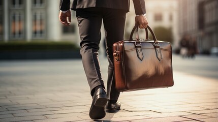 cropped view of businessman striding with leather briefcase - urban success partnership and teamwork
