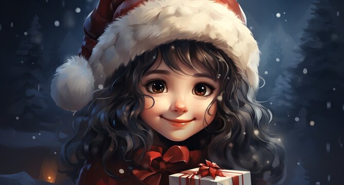 Girl in a Santa suit. New Year's image of a child with a gift. Festive image for a postcard. Concept: Christmas holidays