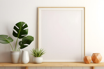 blank empty mockup wooden photo frame with interior, shelf, vase and decorative plant 