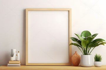Fototapeta na wymiar blank empty mockup wooden photo frame with interior, shelf, vase and decorative plant 