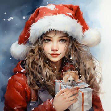 Girl in a Santa suit. New Year's image of a child with a gift. Festive image for a postcard. Concept: Christmas holidays