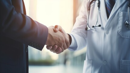 Fototapeta premium Global Collaboration Triumph: Business Leaders Shaking Hands in Urban Conference, Symbolizing Teamwork, Trust, and International Partnership Success