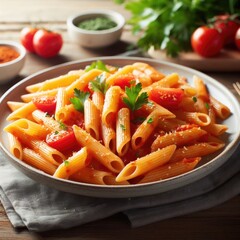 pasta with tomato sauce penne arabiata background with food - obrazy, fototapety, plakaty