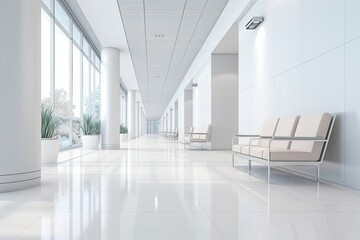 Interior design of a modern luxurious white building corridor or hallway with waiting seat. - obrazy, fototapety, plakaty