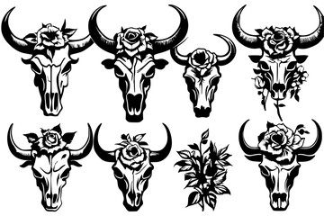 Fototapeta premium bundle of bull head skull and flowers vector,icon,illustration