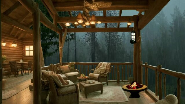 wood cabin fire cracking rain