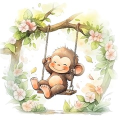 Cute happy baby monkey on swings on a tree in watercolor.