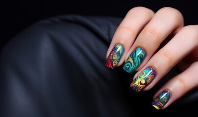 colourful nails on black fabric background. 