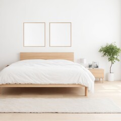 Wooden Bed with White Bedsheet and Blank Picture Frame Mockup - Ideal for Showcasing Your Bedding and Wall Art Designs