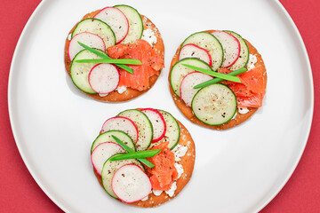 Crispy Cracker Sandwiches with Fresh Salmon, Cucumber, Radish, Cottage Cheese and Green Onions. Easy Breakfast. Quick and Healthy Sandwiches. Crispbread with Tasty Filling. Healthy Dietary Snack