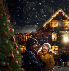 Fototapeta na wymiar A father and his little daughter on Christmas holiday in a village lit up for the festive season. She admires the big tree decorated while the snow as it falls. Generative ai