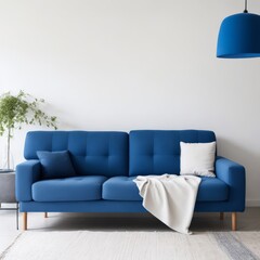 Blue Sofa in a Modern Living Room with Clean White Walls - Interior Design Inspiration