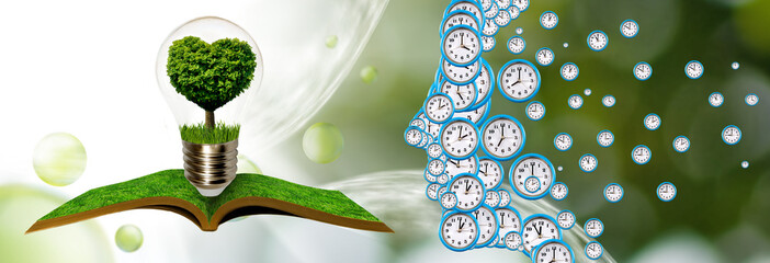 collage of a person's profile, symbolically consisting of dials. The profile is turned towards an open book and a light bulb with a tree in the shape of a heart inside the light bulb