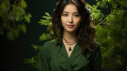 Portrait Young Asian Woman Loking Camera Green, Background Image , Beautiful Women, Hd - obrazy, fototapety, plakaty