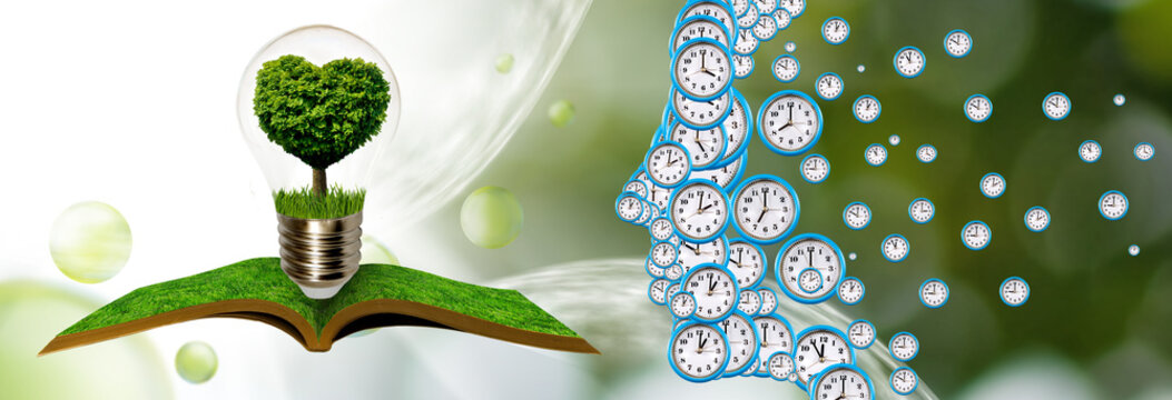 collage of a person's profile, symbolically consisting of dials. The profile is turned towards an open book and a light bulb with a tree in the shape of a heart inside the light bulb