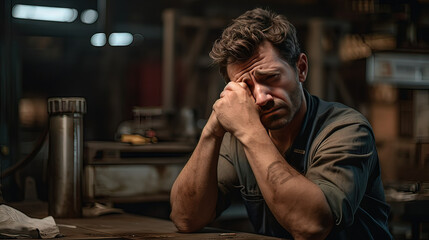 Horizontal photo mature adult man crying at his workplace. Concept people, work.