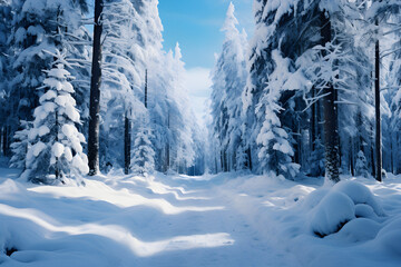 Fototapeta premium Winter Wonderland, Majestic Snow-Covered Trees in a Enchanting Forest