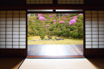 View from the gate of an ancient Japanese house You can see an ancient Japanese garden. with...