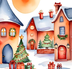 christmas house with christmas tree background