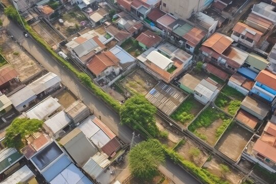 Bird's-eye view of rural village in Thailand's capital city. Generative AI