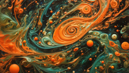 Celestial beauty: An abstract representation of the cosmos with vibrant swirls of orange and green, resembling galaxies.