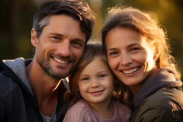 Family photo of a married couple with their daughter. Smiling faces. Happy family. Photo with sunshine and laughing people. - obrazy, fototapety, plakaty