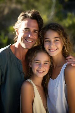 Family photo of a married couple with their daughter. Smiling faces. Happy family. Photo with sunshine and laughing people.