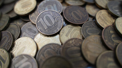 A lot of Russian coins with a face value of 10 rubles