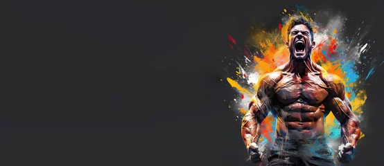Foto op Canvas An illustration of a muscular bodybuilder in a colorful splash isolated on a dark background with copy space , set against a banner with a paint splash explosion. © png-jpeg-vector