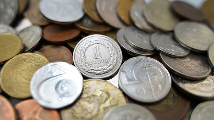 Coins from different countries of the world. Polish Zloty, Czech Crowns, Euro, Russian Ruble