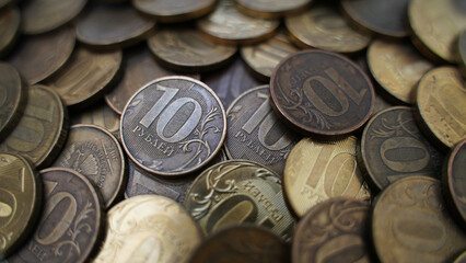 A lot of Russian coins with a face value of 10 rubles