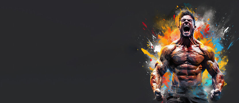 An illustration of a muscular bodybuilder in a colorful splash isolated on a dark background with copy space , set against a banner with a paint splash explosion.