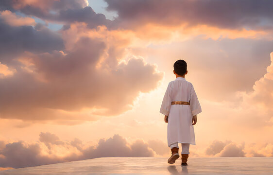 back view of muslim Arab Boy was looking at the sun. concept of peace of war. Peaceful realm of dreams. golden hour, dreamscape background, sunset