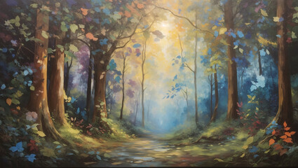 Mystical forest retreat: An abstract canvas capturing the enchantment of a magical woodland.