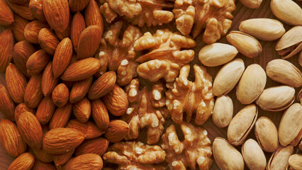 Assorted nuts. Pistachios, almonds, walnuts. Proper nutrition. Healthy food