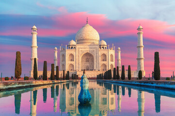 Taj Mahal main view on the sunset, famous marble mausoleum of Agra, Uttar Pradesh, India
