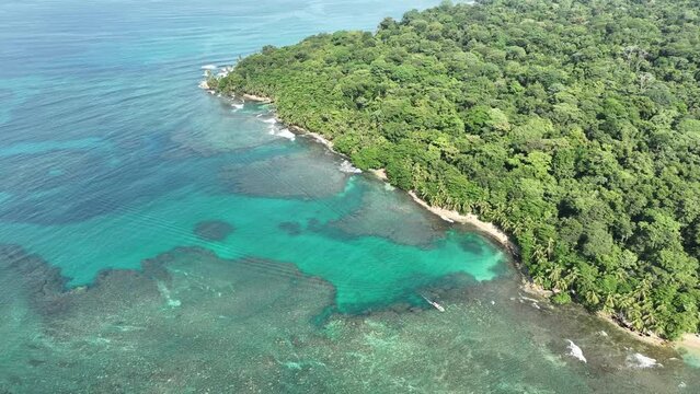 Lush tropical Caribbean Coast of Limon in Costa Rica -aerial views of Cocles, Punta Uva, Playa Chiquita and Manzanillo