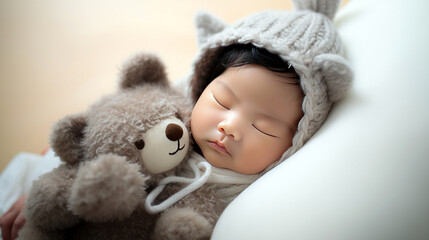 portrait of a sleeping girl with teddy bear, Asian new born baby