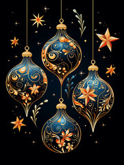 set of christmas ornaments with golden balls on black background. Seamless decorations for christmas cards, backgrounds or wallpapers. 