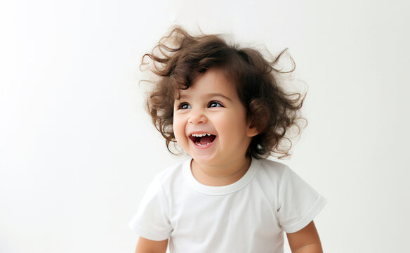 portrait of a toddler, happy child on white background