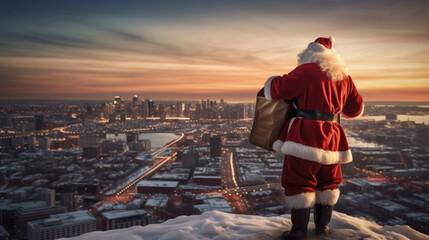 Rear view, Santa Claus with sack looking at the city, generative ai